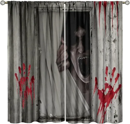 Vista 10 de Cortinas de Halloween con diseño de bosque gótico rojo, cruz gótica, Halloween, festividades, festival, tratamiento de ventana para sala de estar