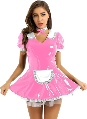 Vista 2 de CHICTRY Disfraz de mucama francesa de charol con manga abombada para mujer, disfraz de juego de rol con gargantilla de lazo