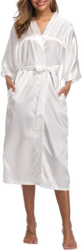 Vista 2 de Bata larga de satén para mujer, bata de baño tipo kimono para novia, damas de honor, ropa de dormir con bolsillos
