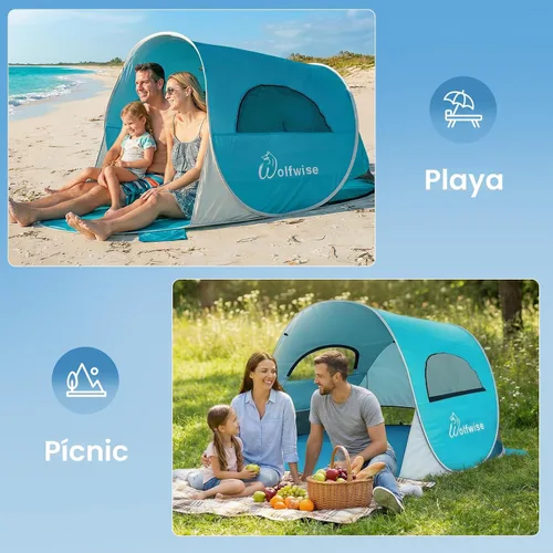 Vista 7 de WolfWise carpa para playa desplegable fácil de armar con FPS 50+, brinda sombra y protección al instante Azul