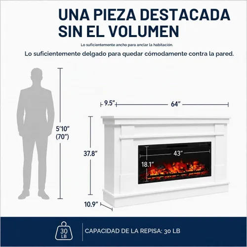 Vista 2 de Pemberly Row Mantel ancho con chimenea eléctrica lineal, 64 pulgadas de ancho, MDF laminado, acabado blanco, efecto de llama realista, control