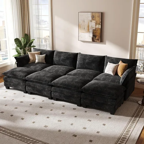 Vista 35 de KKL Sofá Cama Seccional Modular, Sofá Cama Convertible Seccional en Forma de L de 4 Plazas con Otomana, Sofá Nube de Chenilla Seccional para Sala