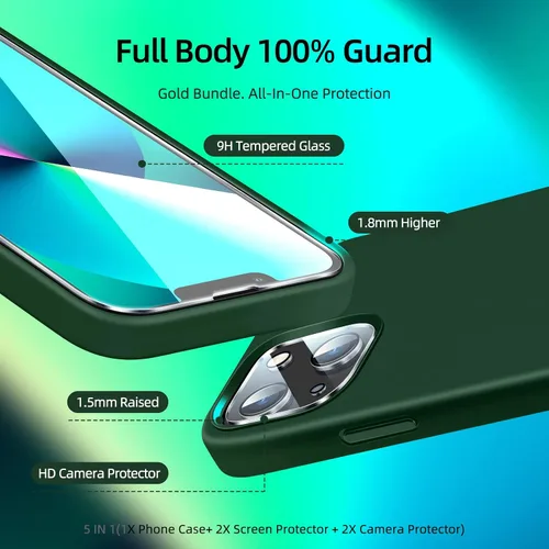 Vista 3 de Dssairo Funda 5 en 1 Diseñada para iPhone 13, con Paquete de 2 Protectores de Pantalla, Paquete de 2 Protectores de Lente de Cámara, Funda Verde