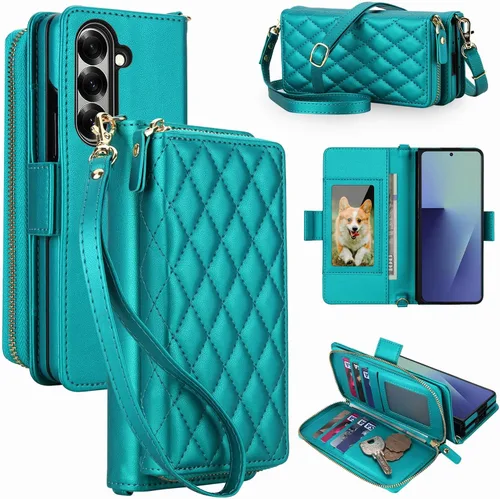Vista 9 de Compatible con Samsung Galaxy Z Fold 3 5G 2021 - Funda tipo cartera con cremallera y bloqueo RFID, correa para tarjetero, ranuras para tarjetas Rojo