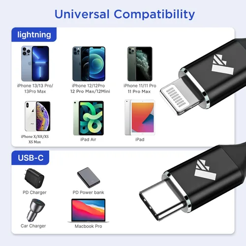 Vista 5 de Cable USB C a Lightning [certificado Apple MFi] Paquete de 2 cables de carga rápida para iPhone de 1 pie, cable de carga tipo C compatible
