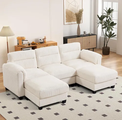 Vista 106 de HAOMARKETS Sofá esquinero modular en forma de L de 115 pulgadas con 2 otomanas móviles, sofás de pana de 8 plazas con cojín grueso para sala de Beige