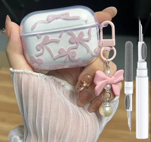 Vista 9 de Linda funda para Airpod de 2ª generación para diseño de lazo femenino, diseño de moda, diseño estético a prueba de golpes, funda para auriculares