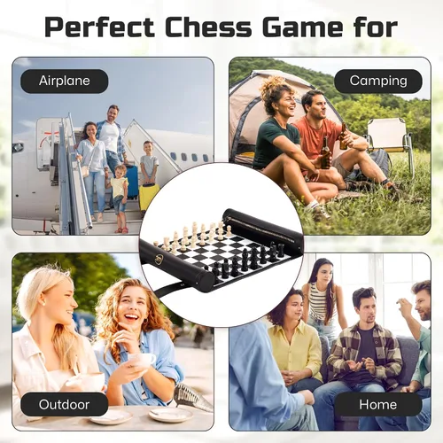 Vista 6 de Juego de ajedrez enrollable, tapete de ajedrez plegable de cuero de 11 pulgadas con piezas de ajedrez de madera, juego de ajedrez de viaje portátil