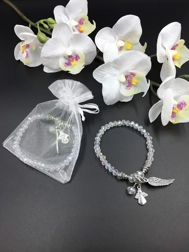 Vista 2 de Pulsera de plata con cruz de ala de ángel, 12 unidades, con bolsas de organza para niño y niña, recuerdo de bautizo, recuerdo de bautizo, 12