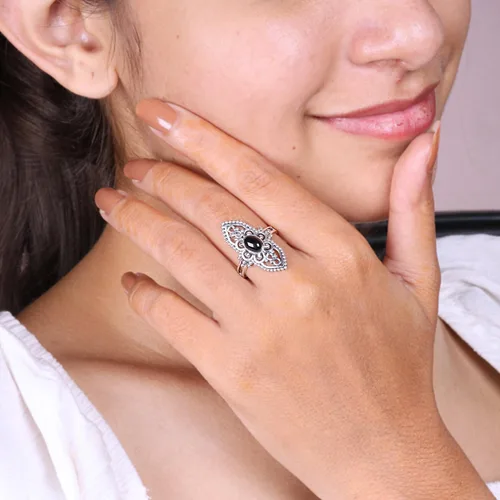 Vista 2 de Anillo ovalado de plata esterlina 925 con ónix negro y turquesa de 0.197 x 0.276 in, anillos de filigrana para mujer