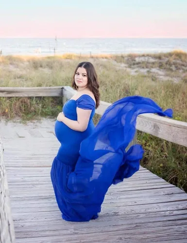 Vista 4 de Vestido de gasa de maternidad con hombros descubiertos para accesorios de fotos, vestido largo de fotografía para sesión de fotos