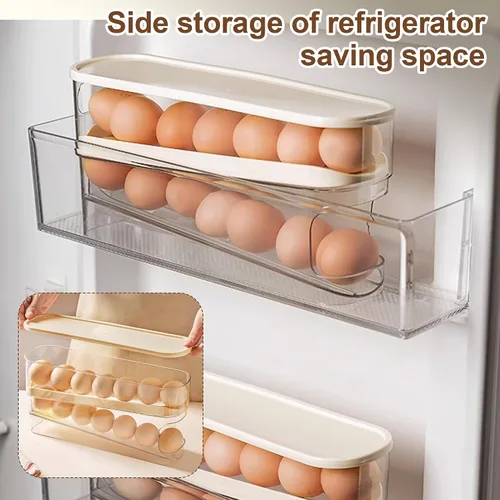 Vista 6 de Soporte para huevos para nevera, organizador de huevos para refrigerador de desplazamiento automático para huevos, dispensador rodante, contenedor