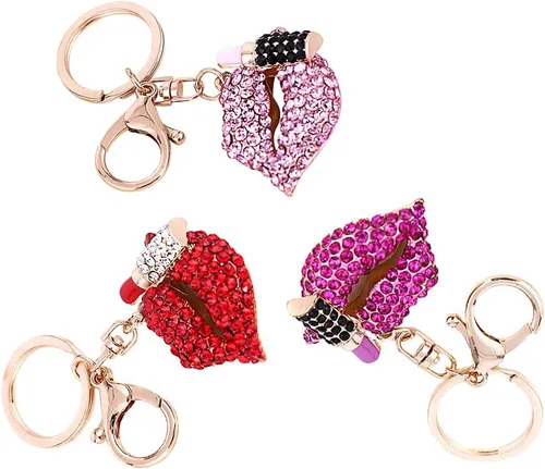 Vista 7 de Llavero con diamantes de imitación de cristal para labios y labiales, llavero de aleación de metal, llavero para bolso, bolso y colgante