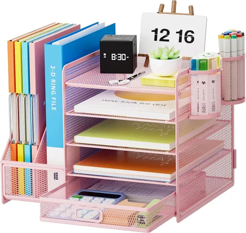 Vista 12 de Marbrasse - Organizador de escritorio con soporte para archivos, organizador de bandejas para papel tamaño carta de 5 niveles con cajón y 2 soportes