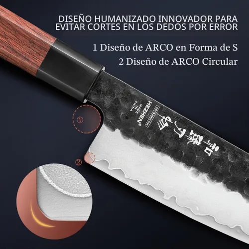 Vista 6 de Juego de cuchillos de cocina 4 piezas, cuchillo de chef de acero revestido Nakiri forjado Santoku, mango octogonal de madera