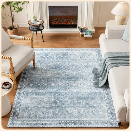 Vista 354 de Istana Alfombra larga antideslizante de 2.5 x 8 para el hogar, para pasillo y cocina, lavable, sedosa y suave al tacto, elegante, color azul y marfil
