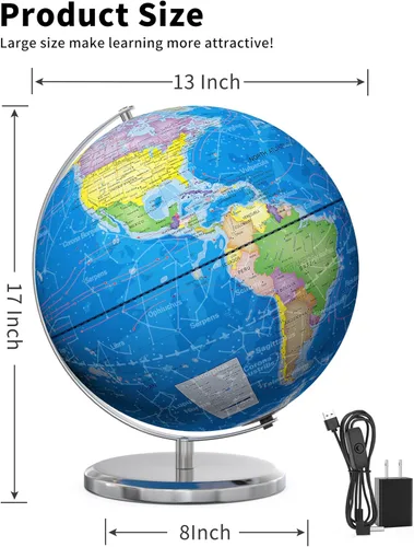Vista 2 de SOUNDANCE Globo del mundo de 13 pulgadas con base estable de metal pesado, globo educativo para el aprendizaje de los niños, lámpara de globos