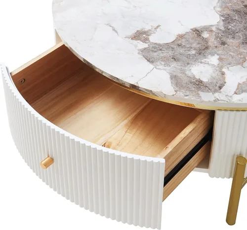 Vista 8 de Mesa de café redonda, mesa de café moderna de 31.5" con 2 cajones grandes de almacenamiento, tapa de mesa con patrón de mármol, mesa central