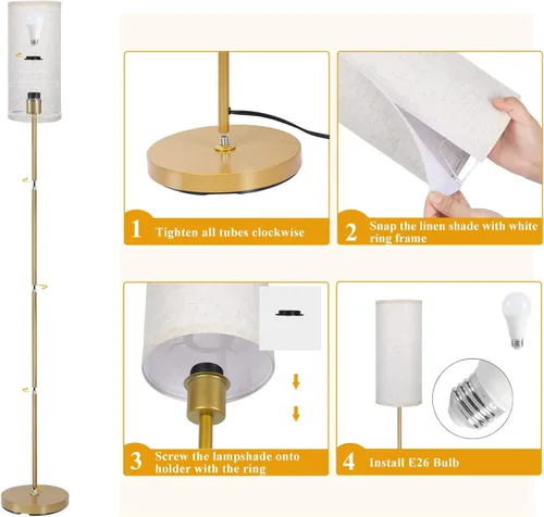 Vista 5 de Boostarea - Lámpara de pie para sala de estar con bombilla de 3 temperaturas de color, lámparas de pie industriales, lámpara alta clásica dorada