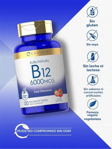 Vista 4 de Carlyle Vitamina B-12 6000 mcg 120 tabletas de disolución rápida Sabor a bayas naturales Metilcobalamina sublingual y cianocobalamina