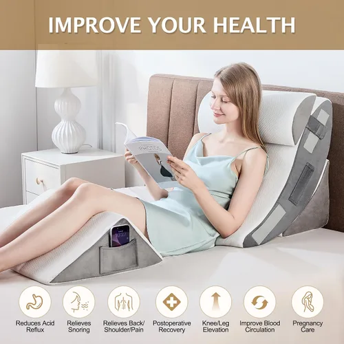 Vista 4 de Almohada de cuña de cama, 4 piezas, ajustable, de espuma viscoelástica, triangular, para después de la cirugía, cuña de almohada para la apnea