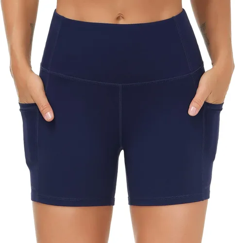 Vista 2 de THE GYM PEOPLE - Pantalones cortos de yoga para mujer, con cintura alta, control de abdomen y bolsillos profundos, para gimnasia, entrenamiento