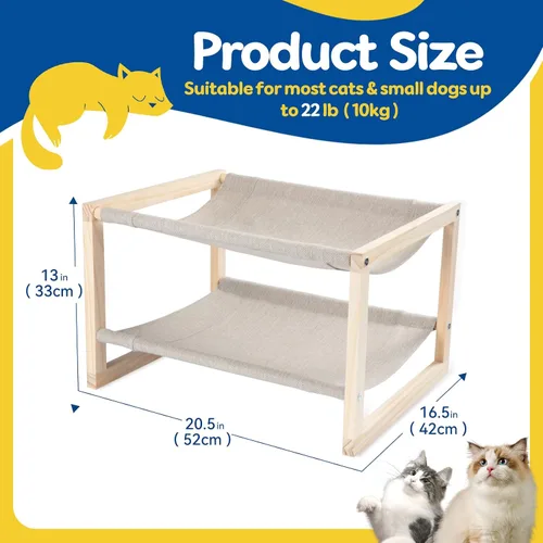 Vista 5 de Hamaca para gatos, cama de madera de doble capa para gatos de interior, cama elevada de 2 niveles para gatos con fundas transpirables y lavables