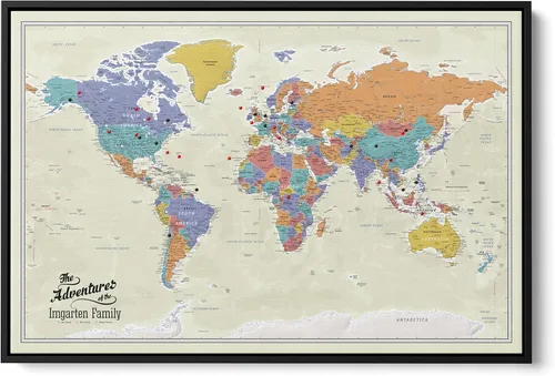Vista 14 de Lienzo - Mapa de viaje personalizado del mundo Tan Oceans con chinchetas y marco blanco texturizado