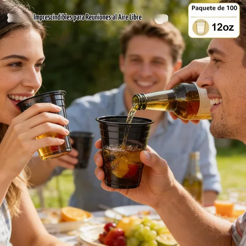 Vista 3 de Paquete de 100 vasos de plástico negros de 12 onzas, tazas de fiesta negras, copas de vino desechables transparentes para cumpleaños, picnics
