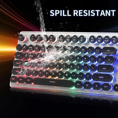 Vista 7 de Teclado estilo máquina de escribir con panel de metal, retroiluminación LED arcoíris, teclas redondas, anti-fantasma, resistente a derrames, luz USB