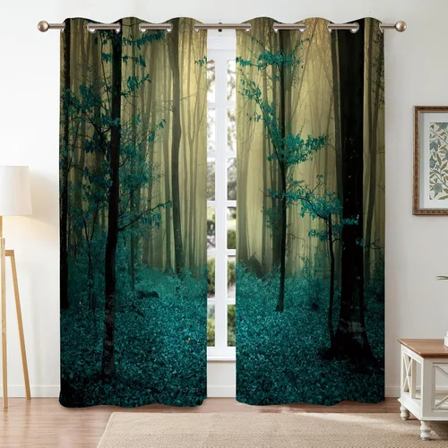 Vista 9 de Renaiss Cortinas opacas de bosque rojo, diseño de bosque negro brumoso, hojas rojas, cortinas de dormitorio de naturaleza misteriosa para cocina, 45