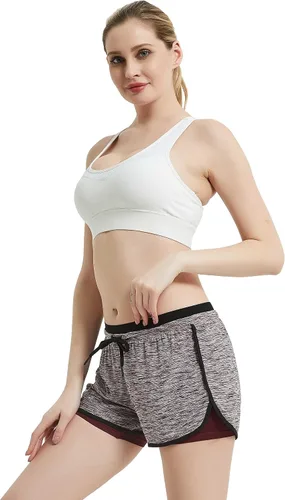 Vista 2 de Riboom - Pantalones cortos de doble capa para mujer, para entrenamiento, fitness, correr, yoga, gimnasio, deportes.
