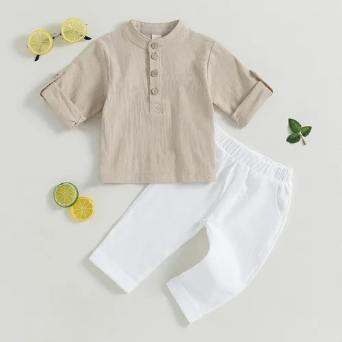 Vista 2 de Karuedoo Conjunto de camisas Henley de algodón y lino con botones y pantalones casuales para bebé niño