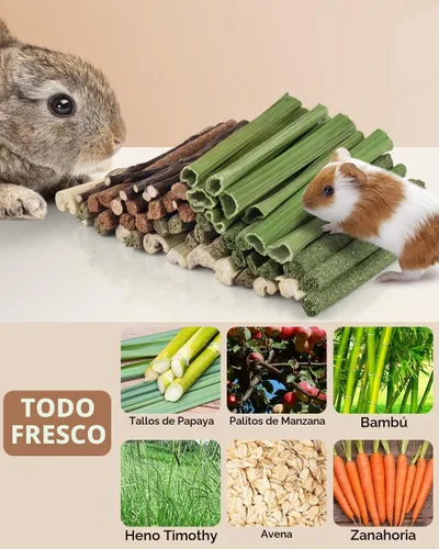 Vista 5 de Bissap 54 palitos masticables de conejo, mezcla de bambú dulce natural, Timothy, heno, avena, zanahoria, palo masticable, rama de manzana, conejito