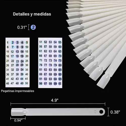 Vista 4 de 100 piezas de palillos de muestra de uñas en forma de abanico con pegatinas numeradas, puntas de uñas de práctica, rueda de exhibición