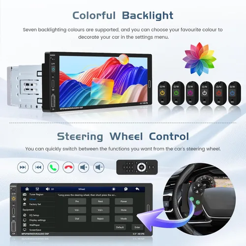 Vista 5 de Radio de coche de un solo DIN estéreo con Apple Carplay Android Auto, pantalla táctil HD de 6.9 pulgadas, receptor Bluetooth, enlace de espejo