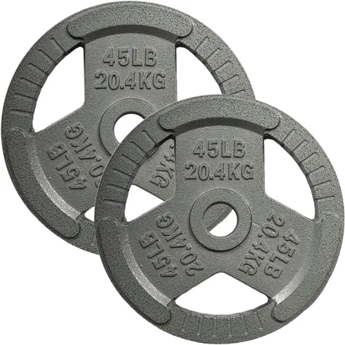 Vista 9 de Yes4All - Discos de pesas olímpicos de hierro fundido con asas tri-grip de 2 pulgadas, discos de pesas para levantamiento con acabado suave
