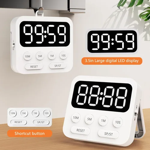 Vista 3 de Temporizador digital de cocina con cronómetro y función de cuenta regresiva, temporizador magnético para niños con pantalla LED grande y volumen