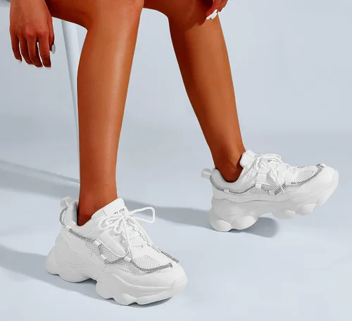 Vista 7 de LUCKY STEP Zapatos deportivos gruesos de los años 90 para mujer, con plataforma de cuerda con diamantes de imitación brillantes, casuales, gruesos