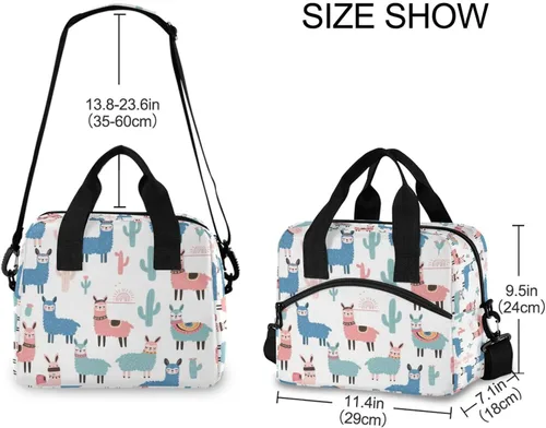 Vista 3 de Bolsas de almuerzo de alpaca con llama para mujer, con plantas tropicales, cactus, bolsa de almuerzo, resistente al agua, térmica, hielera