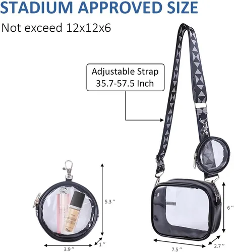 Vista 4 de Clearworld Bolso cruzado transparente unisex para adultos, negro, 7.5 pulgadas de ancho x 6 pulgadas de alto x 2.7 pulgadas de profundidad, aprobado