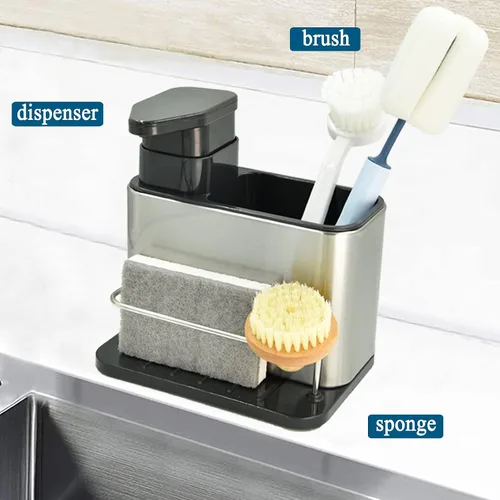 Vista 2 de Dispensador de jabón para fregadero de cocina y baño con soporte para esponja y soporte para cepillo, dispensador de jabón para platos