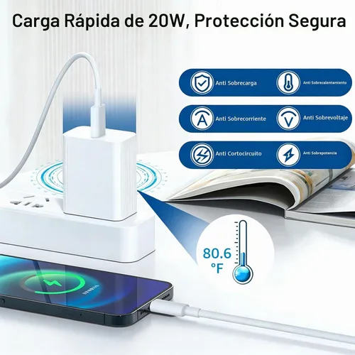 Vista 3 de Cargador rápido para iPhone, 20W [Certificado Apple MFi] USB Tipo C Bloque de Carga Rápida Power Delivery Cargador Lightning con Cable Lightning