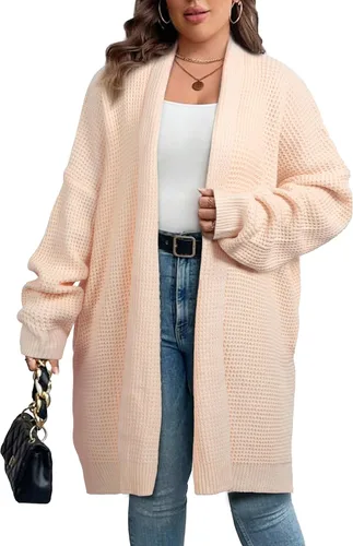 Vista 3 de Suéteres tipo cárdigan de gran tamaño para mujer, de punto gofre, de talla grande, con frente abierto, suéter grueso, largo, suelto, para invierno