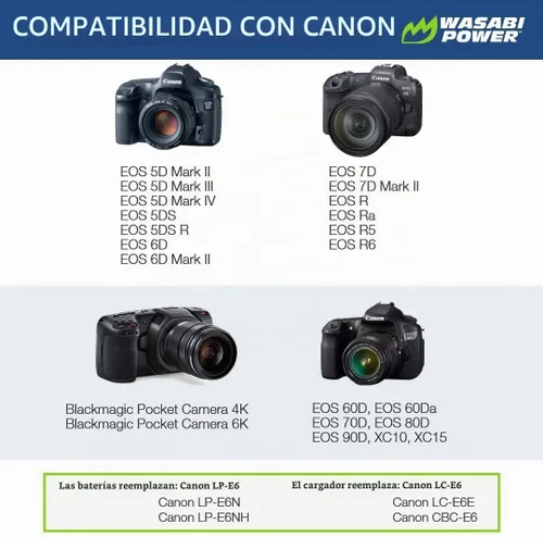 Vista 2 de Wasabi Power Batería LP-E6, LP-E6N (paquete de 2) para Canon EOS 5D Mark II/III/IV, 5DS, 5DS R, 6D, 6D Mark II, 7D, 7D Mark II, 70D, 80D, 90D, R