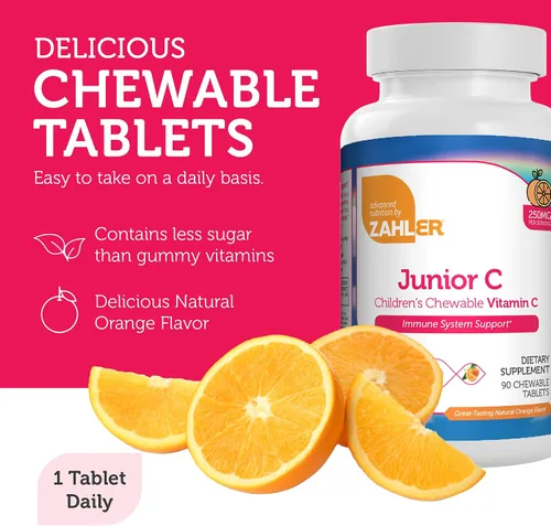 Vista 4 de Zahler Junior C Advanced Vitamina C masticable para niños, vitaminas en delicioso sabor a naranja, vitamina C Kosher Kids para inmunidad