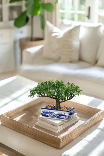 Vista 6 de Árbol bonsái artificial con maceta de porcelana azul y blanca, bonsái falso para decoración de escritorio de oficina en casa, decoración oriental
