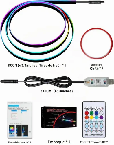 Vista 9 de Luces LED acrílicas para coche, tira de luz interior RGB de 43.3 pulgadas