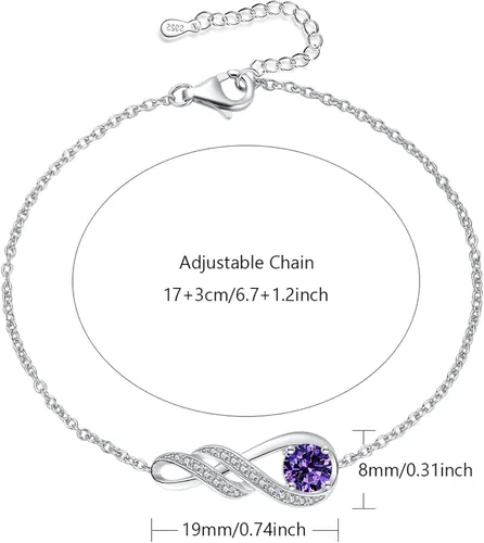 Vista 5 de LOCIBLO Pulseras de piedra natal para mujeres y niñas, plata de ley 925, oro blanco, colgante de infinito, regalo de aniversario, cumpleaños
