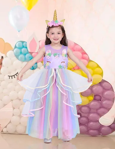 Vista 4 de FENGMAX Disfraz de unicornio para niñas pequeñas con diadema